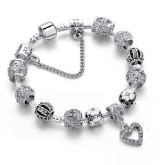 Silver Love Heart Bead Floral Bracelet with Pendant Bangles