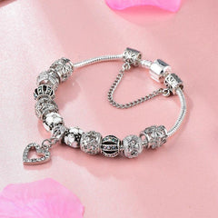 Silver Love Heart Bead Floral Bracelet with Pendant Bangles