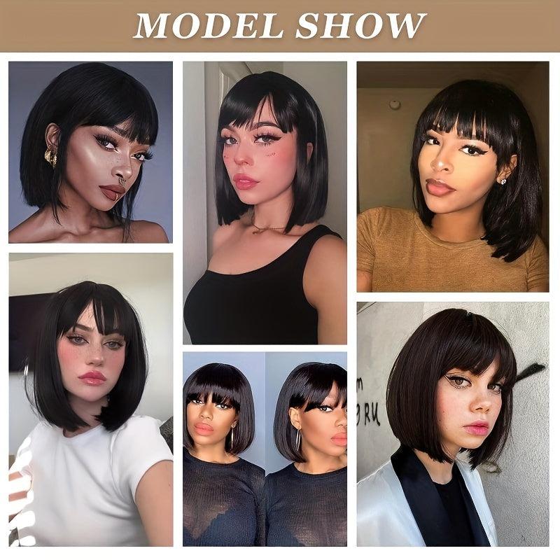 Short Straight Bob Wig with Bangs Heat Resistant Synthetic Fiber Natural Look