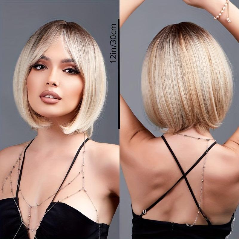 Short Straight Bob Wig with Bangs Heat Resistant Synthetic Fiber Natural Look