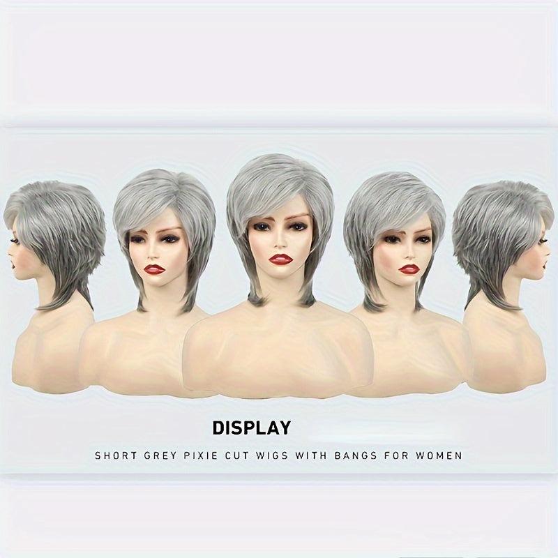 Short Grey Wig Layered Cut Wig With Bangs Heat Resistant Synthetic Fiber Wig