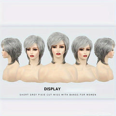 Short Grey Wig Layered Cut Wig With Bangs Heat Resistant Synthetic Fiber Wig