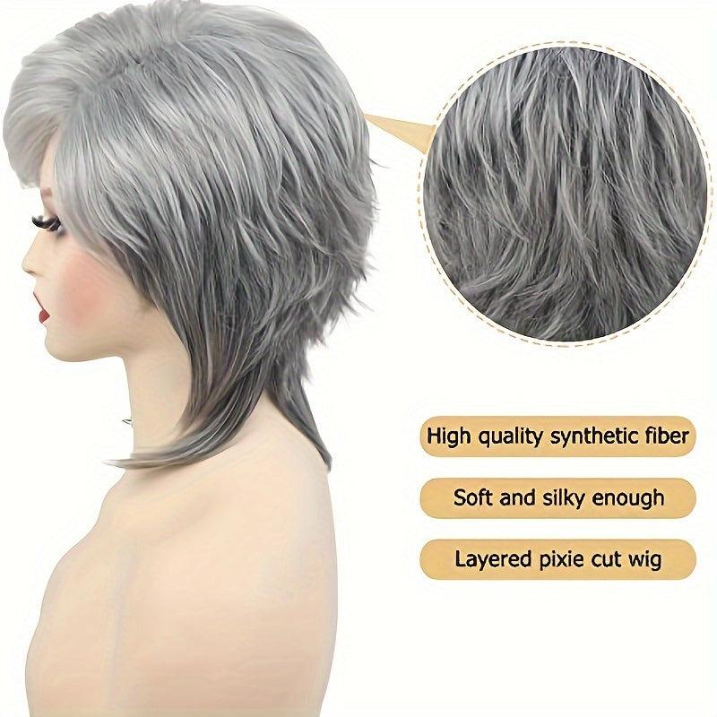 Short Grey Wig Layered Cut Wig With Bangs Heat Resistant Synthetic Fiber Wig