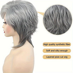 Short Grey Wig Layered Cut Wig With Bangs Heat Resistant Synthetic Fiber Wig