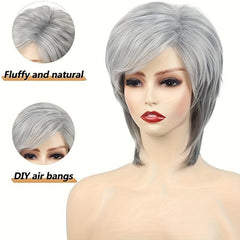 Short Grey Wig Layered Cut Wig With Bangs Heat Resistant Synthetic Fiber Wig