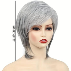 Short Grey Wig Layered Cut Wig With Bangs Heat Resistant Synthetic Fiber Wig