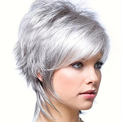 Short Grey Wig Layered Cut Wig With Bangs Heat Resistant Synthetic Fiber Wig