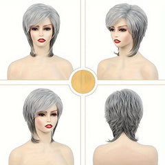 Short Grey Wig Layered Cut Wig With Bangs Heat Resistant Synthetic Fiber Wig