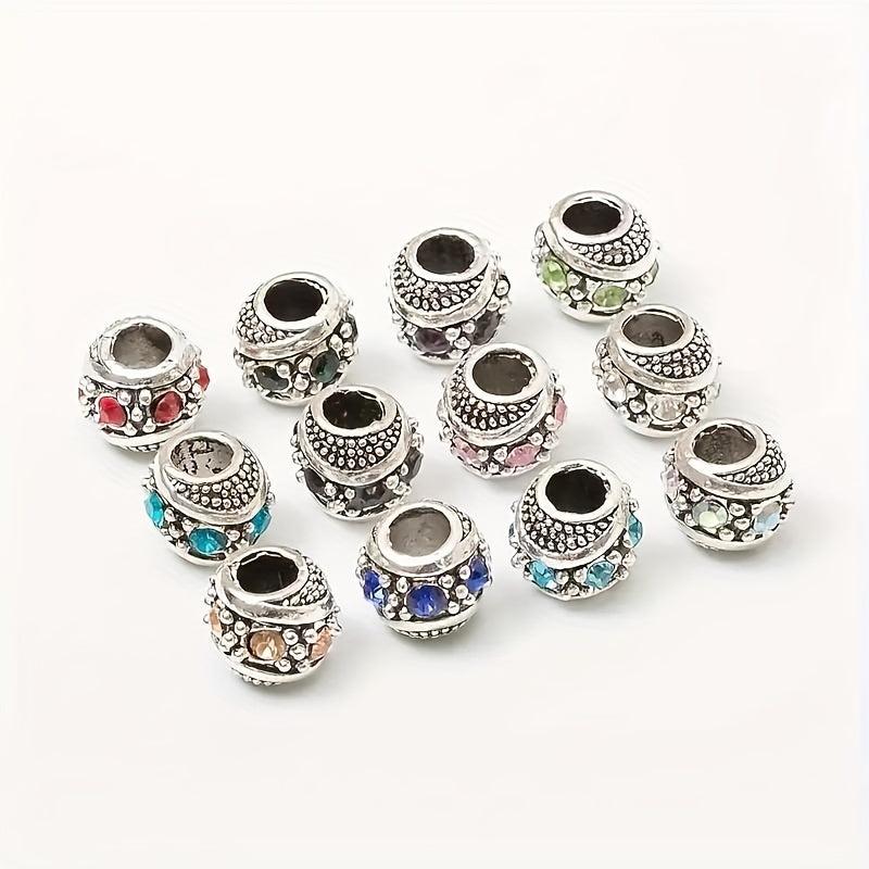 10mm Rhinestone Inlaid DIY Jewelry Vintage Tibetan Silver Large Hole Beads
