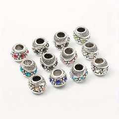 10mm Rhinestone Inlaid DIY Jewelry Vintage Tibetan Silver Large Hole Beads