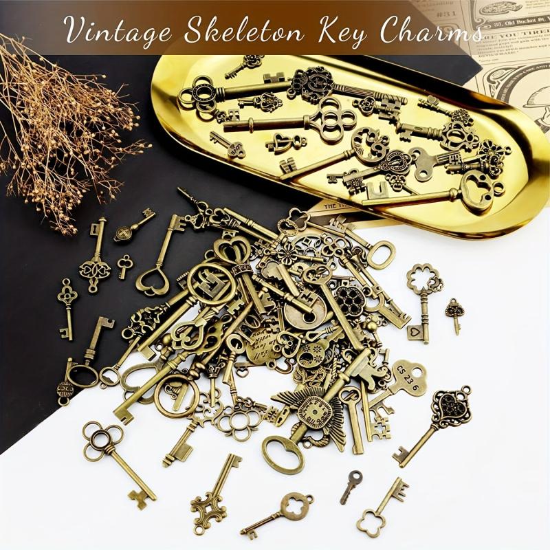Vintage Skeleton Key Set Charms Antique Style Bronze Brass DIY Jewelry Making