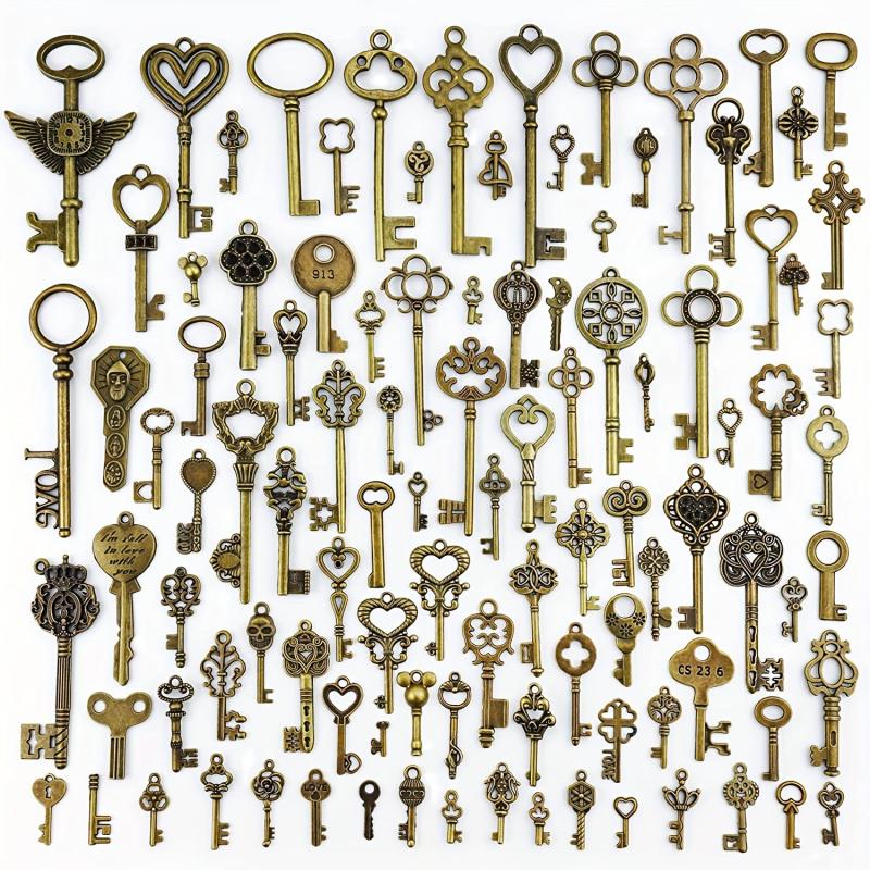 Vintage Skeleton Key Set Charms Antique Style Bronze Brass DIY Jewelry Making