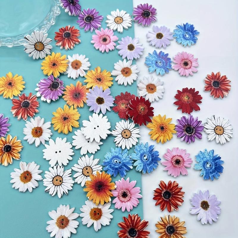 Painted Wooden Daisy Sunflower Buttons for Crafts - 2.54 cm