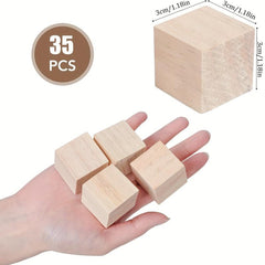 35pcs Blank Cube Craft Wooden Squares Natural Wood Blocks for Painting DIY