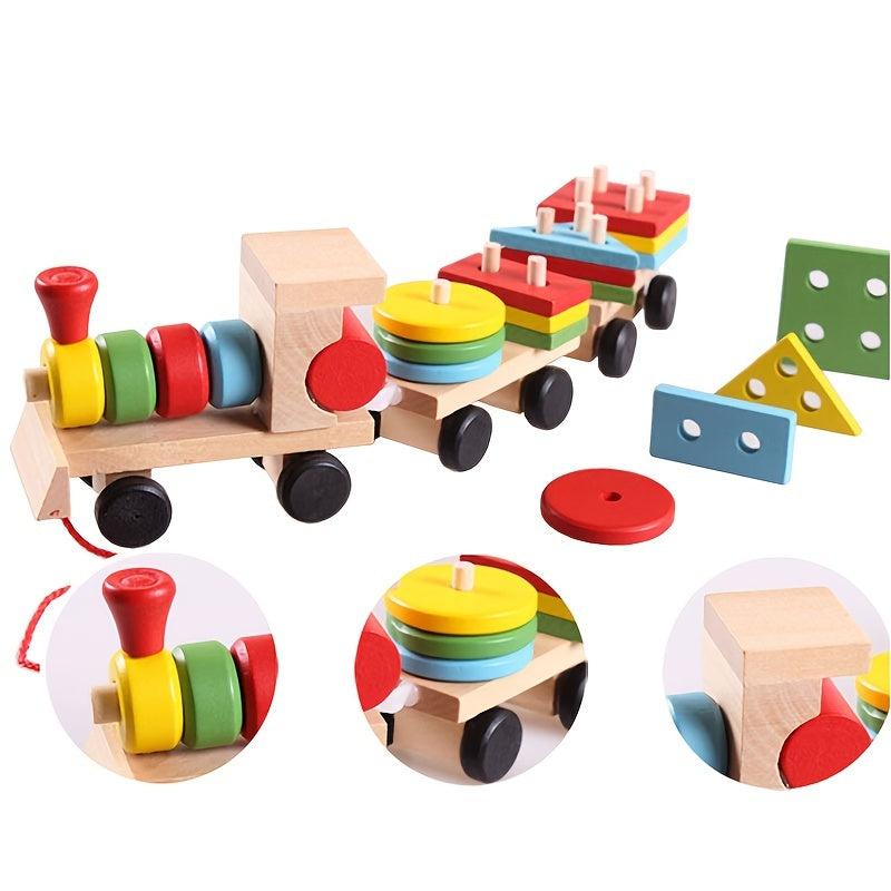 Wooden Train Toddler Toy with Blocks and Stacking Shapes
