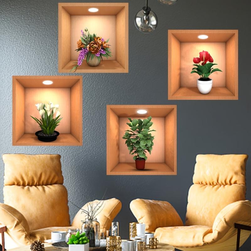 4pcs Plants Art Decor Stickers For Wall Removable Wall Decals