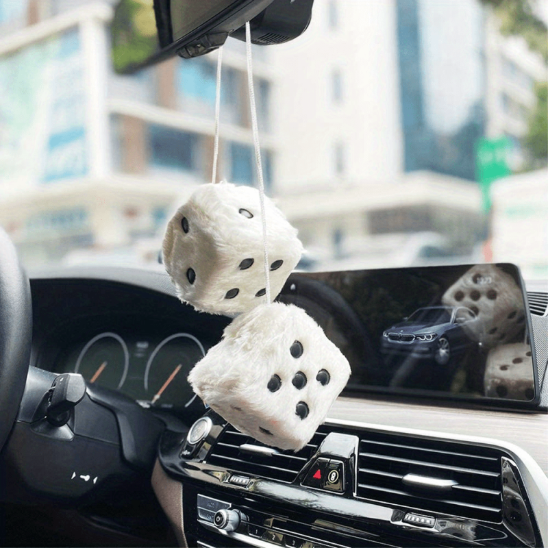 Retro Square Mirror Hanging Fuzzy Plush Dice For Car Interior