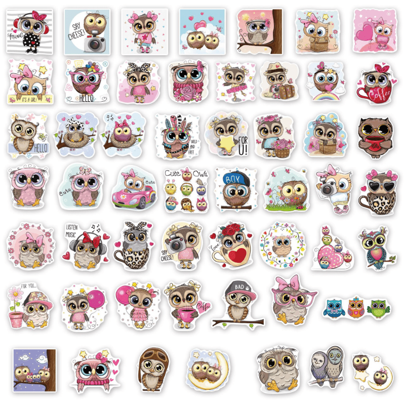50 Cartoon Owls Waterproof Doodle Stickers