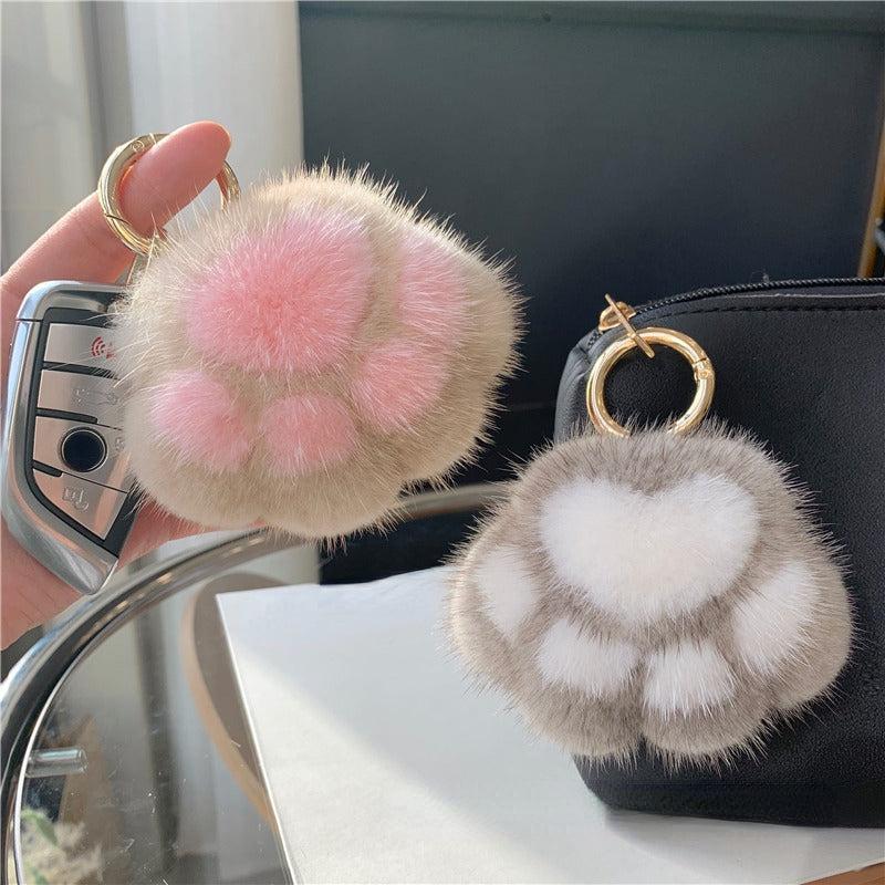 Cat Claw Bag Charm Mink Fur Plush Toy Car Keychain Pendant Gift