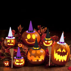 18pcs Halloween Mini Witch Hat & Broom DIY Crafts Party Accessories