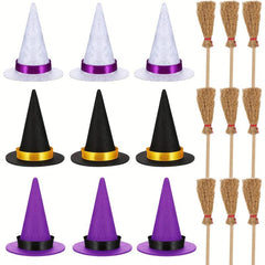 18pcs Halloween Mini Witch Hat & Broom DIY Crafts Party Accessories