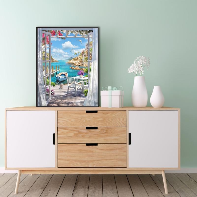 5D Diamond Painting Kit Boat Window View Art Set