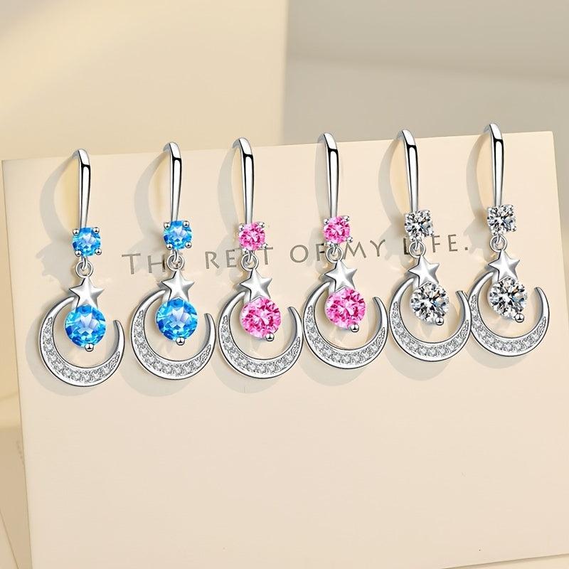 925 Silver Star Moon Earrings with Sapphire & Pink Dangle