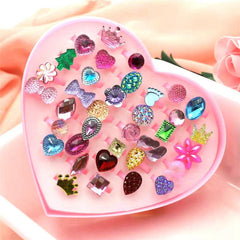 Heart Shaped Jewel Rings for Kids Pretend Play Set with Display Case