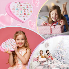 Heart Shaped Jewel Rings for Kids Pretend Play Set with Display Case