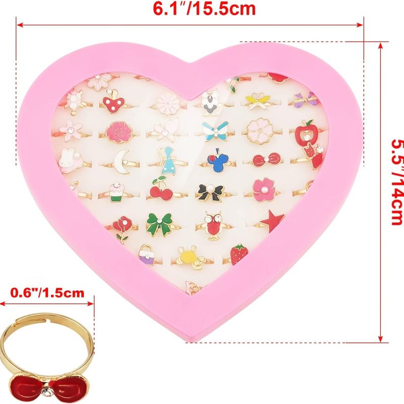 Heart Shaped Jewel Rings for Kids Pretend Play Set with Display Case