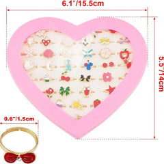 Heart Shaped Jewel Rings for Kids Pretend Play Set with Display Case