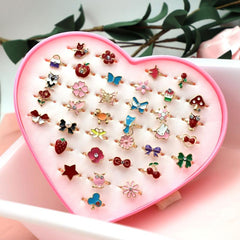 Heart Shaped Jewel Rings for Kids Pretend Play Set with Display Case