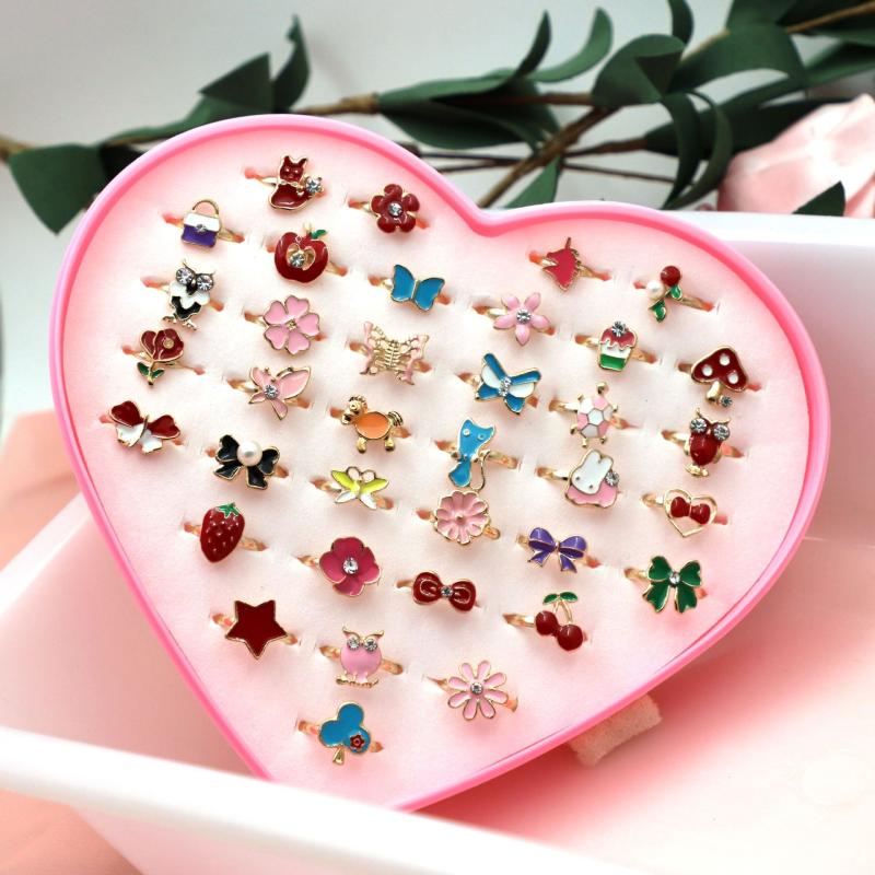Heart Shaped Jewel Rings for Kids Pretend Play Set with Display Case