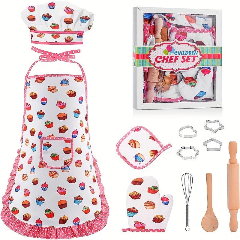 Kids Apron And Chef Hat Girls Cooking Set Pretend Play Christmas Costume