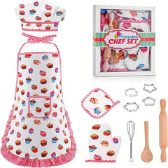 Kids Apron And Chef Hat Girls Cooking Set Pretend Play Christmas Costume
