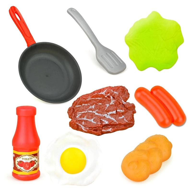 8pcs Kitchen Food Toys Play Set Pretend Play Pot Steak Veg Bread Hot Dog Omelett