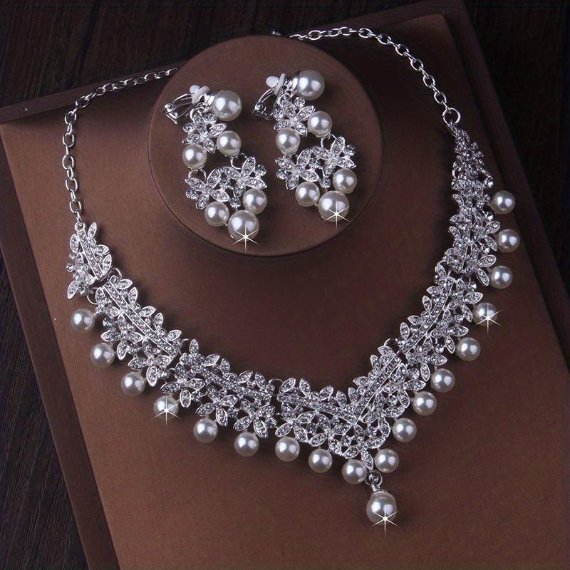 Atmospheric Bridal Necklace Earrings Set Beads Rhinestone Wedding Dress Chain