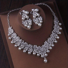 Atmospheric Bridal Necklace Earrings Set Beads Rhinestone Wedding Dress Chain
