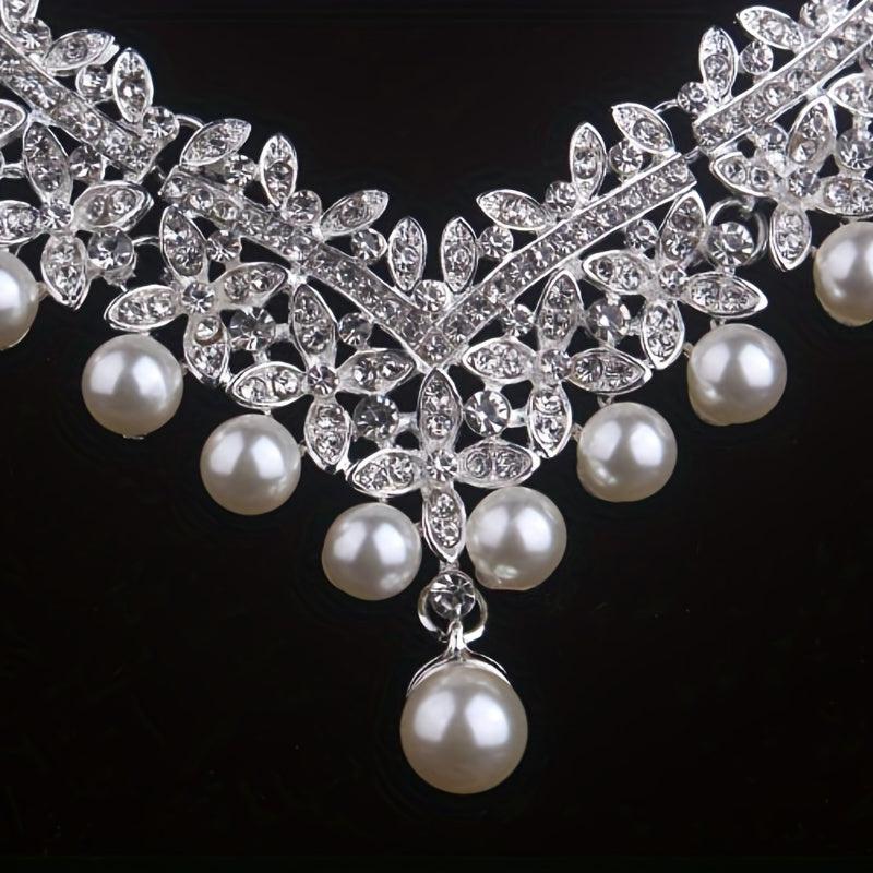 Atmospheric Bridal Necklace Earrings Set Beads Rhinestone Wedding Dress Chain