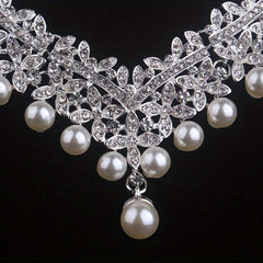 Atmospheric Bridal Necklace Earrings Set Beads Rhinestone Wedding Dress Chain