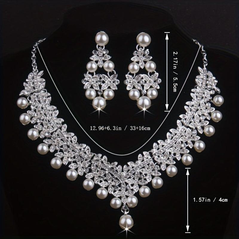 Atmospheric Bridal Necklace Earrings Set Beads Rhinestone Wedding Dress Chain