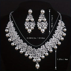 Atmospheric Bridal Necklace Earrings Set Beads Rhinestone Wedding Dress Chain
