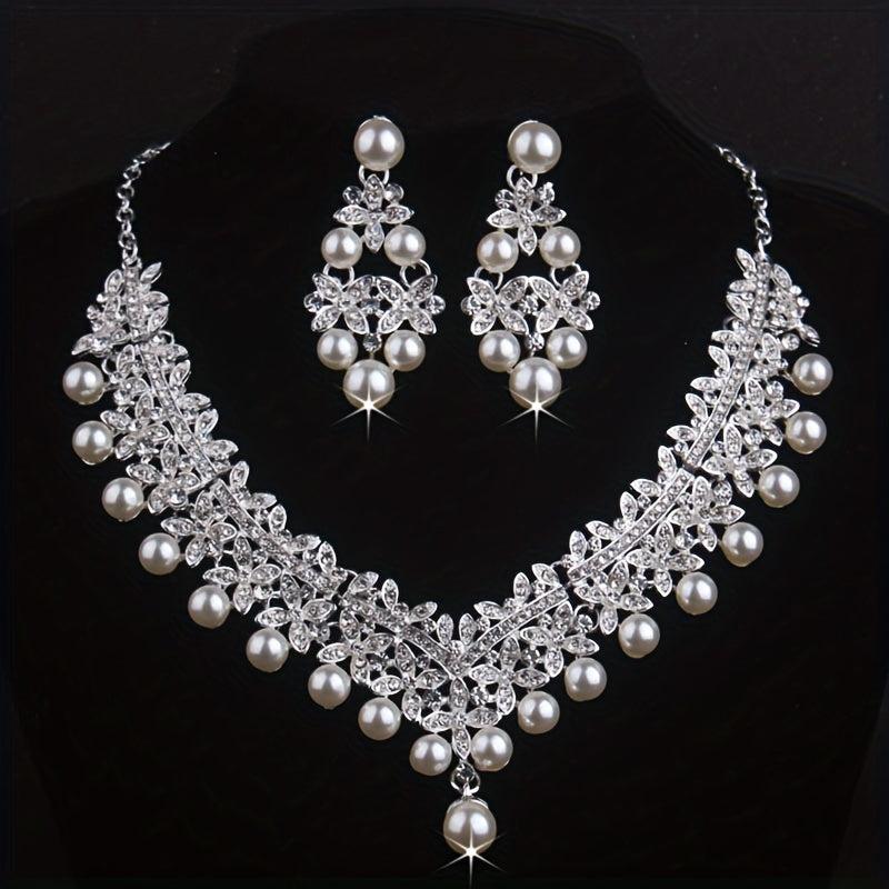 Atmospheric Bridal Necklace Earrings Set Beads Rhinestone Wedding Dress Chain