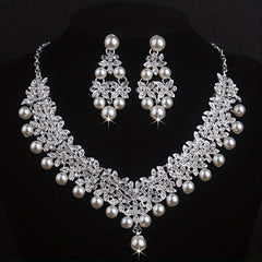 Atmospheric Bridal Necklace Earrings Set Beads Rhinestone Wedding Dress Chain