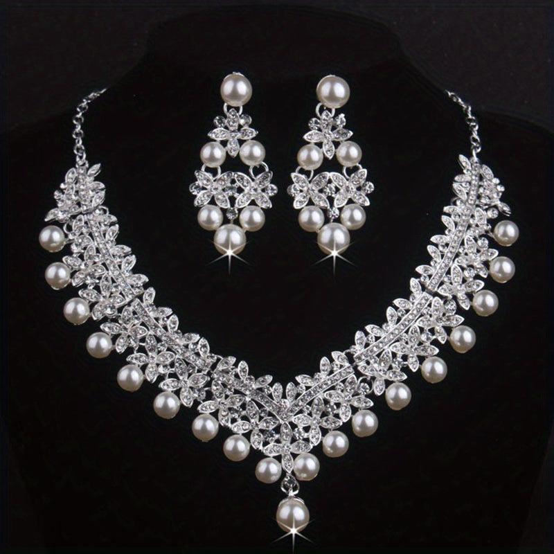 Atmospheric Bridal Necklace Earrings Set Beads Rhinestone Wedding Dress Chain