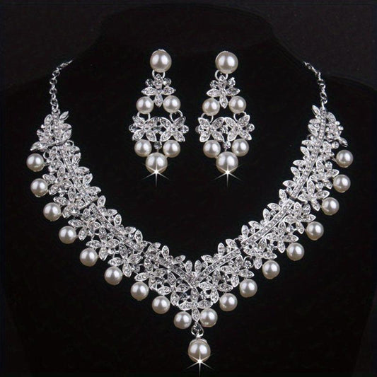 Atmospheric Bridal Necklace Earrings Set Beads Rhinestone Wedding Dress Chain