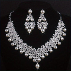 Atmospheric Bridal Necklace Earrings Set Beads Rhinestone Wedding Dress Chain
