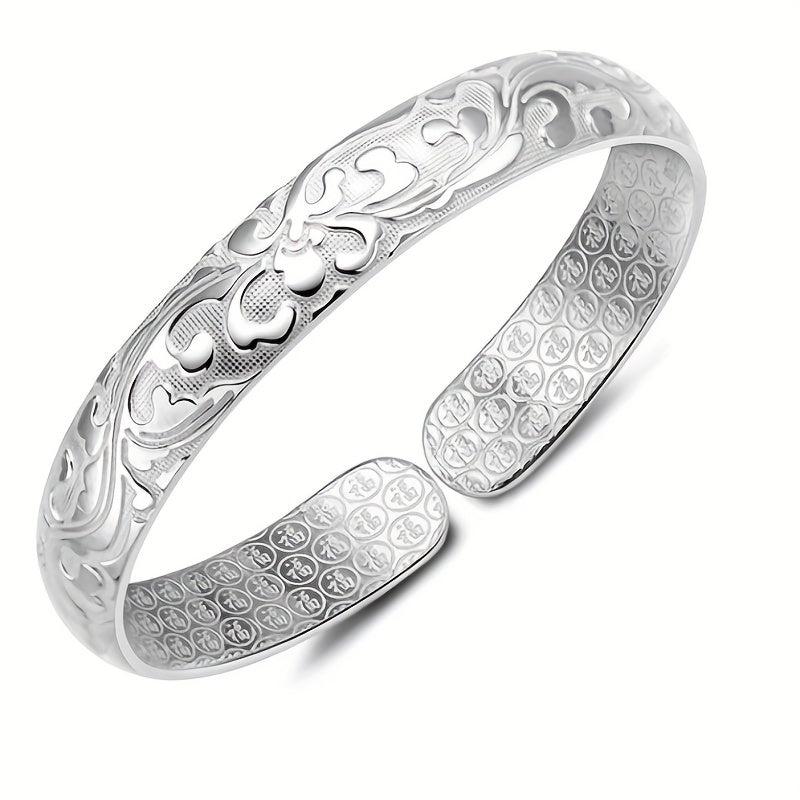 Vintage Silvery Bracelet Antique Cuff Bangle - Fortune Blessing