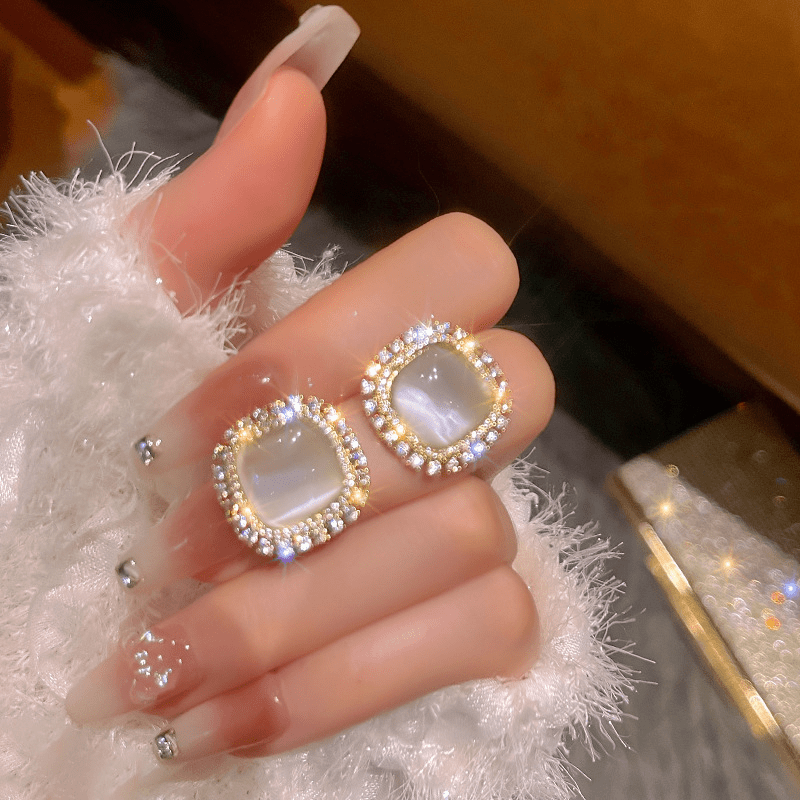 Cat Eye Stone Earrings Female Geometric Square Stud Earrings