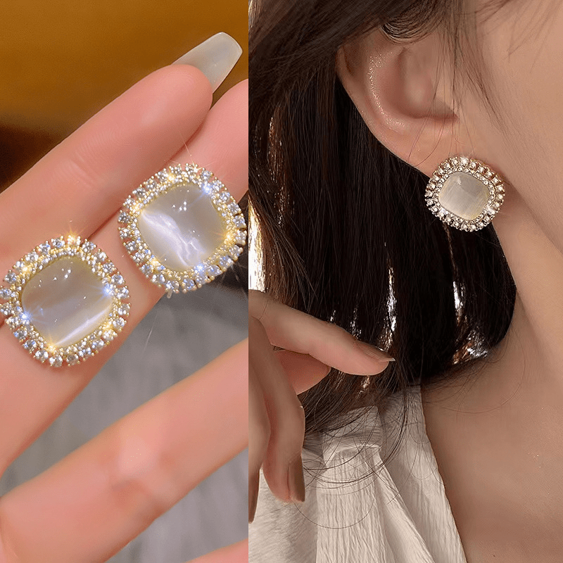 Cat Eye Stone Earrings Female Geometric Square Stud Earrings